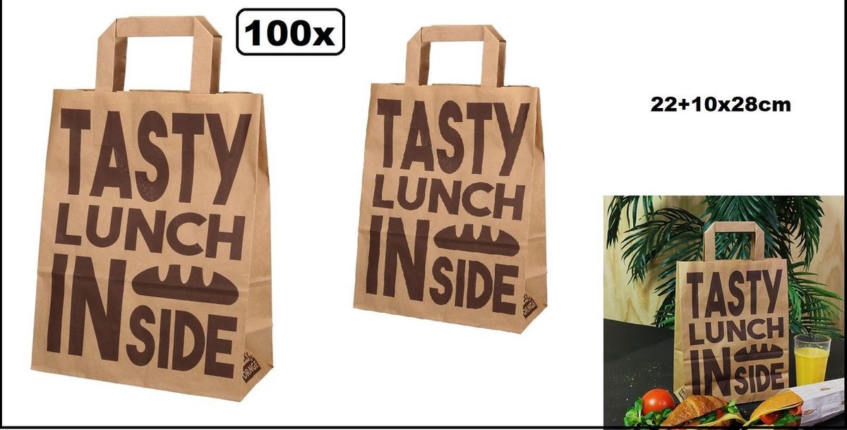 100x Draagtas papier 22+10x28cm Tasty Lunch Bag - take away lunch eten diner food festival thema feest tas kraft