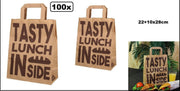 100x Draagtas papier 22+10x28cm Tasty Lunch Bag - take away lunch eten diner food festival thema feest tas kraft