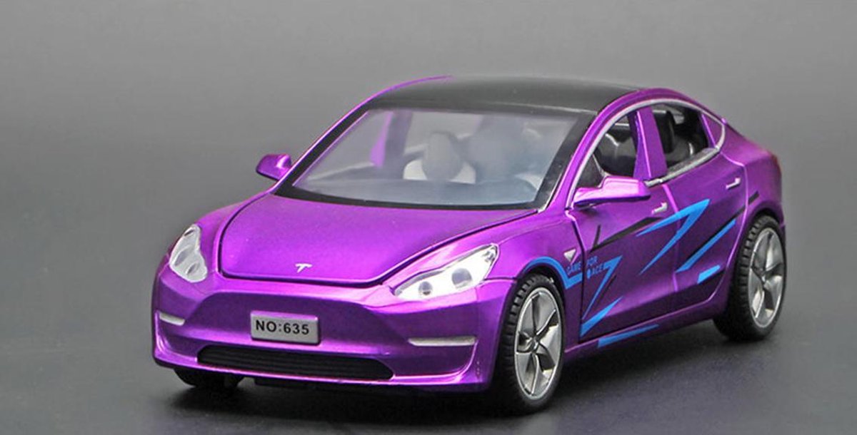 Tesla Model 3 Paars - Autospeelgoed - Metalen Auto Zes-Deur - Geluid en Inc Batterij - Trek speelgoed Auto Cadeau/Kado 16 CM