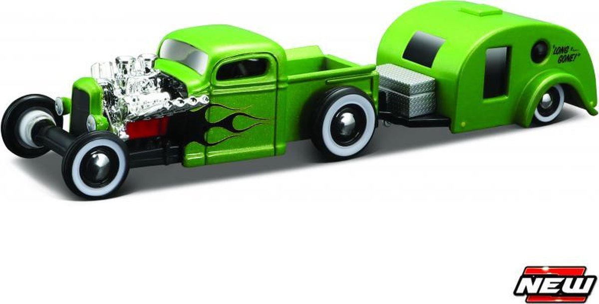 Maisto CHEVROLET PICK UP 1936+TRAVELER TRAILER TOW&GO groen/zwart schaalmodel 1:64