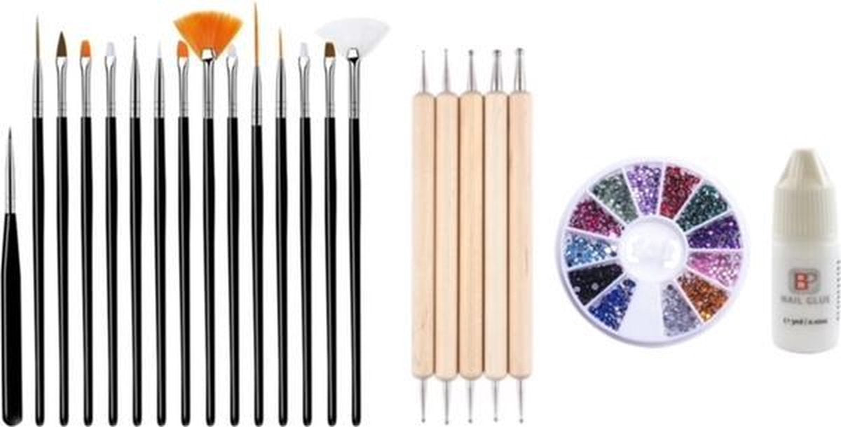 GUAPÀ - Nagel Penselen Set Zwart + Rhinestones Diverse Kleuren + Druppel & Dotting Pennen + Nagellijm - Nail Art