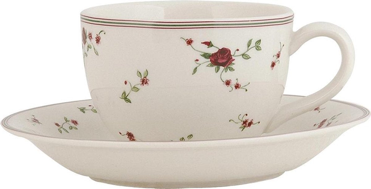 Clayre & Eef Kop en schotel Ø 15*7 cm / 200 ml Creme Keramiek Bloemen Rond Servies Koffie Cappucino