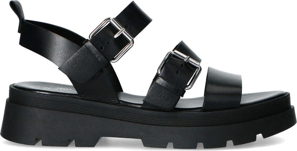 Manfield - Dames - Zwarte leren sandalen met zilverkleurige gespen - Maat 37