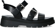 Manfield - Dames - Zwarte leren sandalen met zilverkleurige gespen - Maat 37