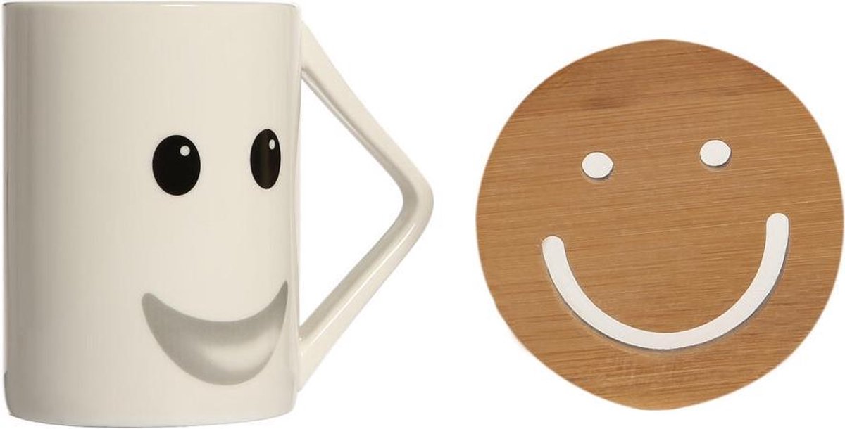BiggDesign Mok - GRATIS onderzetter - Koffiemok - Smiley Keramische Mok - Onderzetters - 200 ml