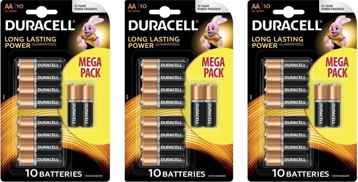 30 Stuks (3 Blisters a 10st) - Duracell MEGA Pack LR6 / AA / R6 / MN 1500 1.5V Alkaline batterij