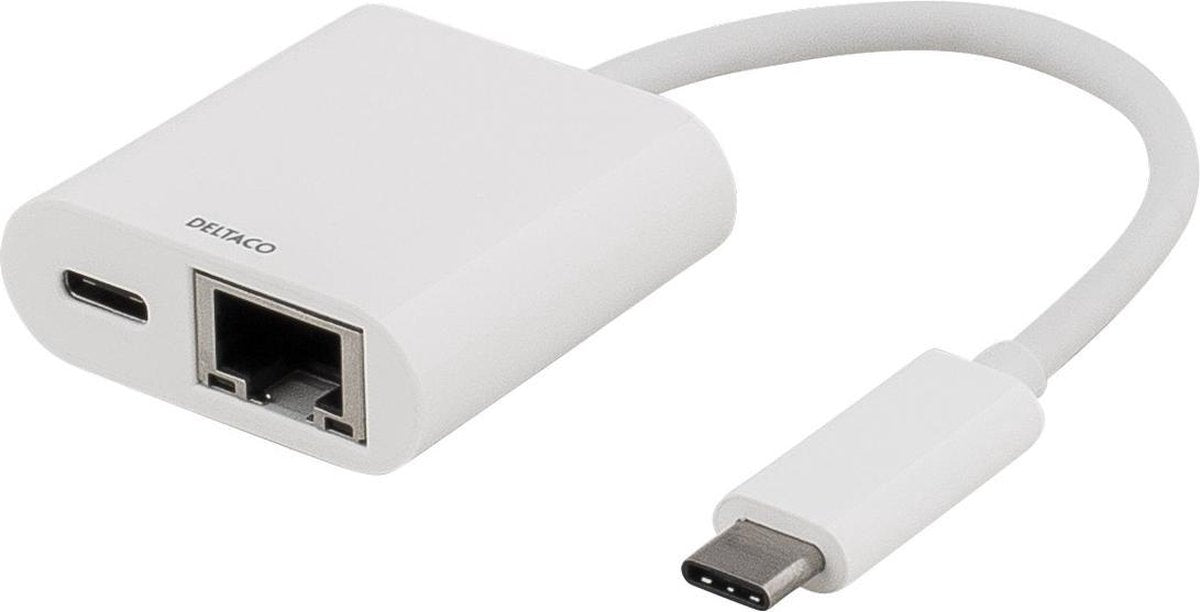 DELTACO USBC-GIGA2 USB-C naar Gigabit Ethernet RJ45 10/100/1000 Mbit en USB-C power (3A 60W) adapter wit