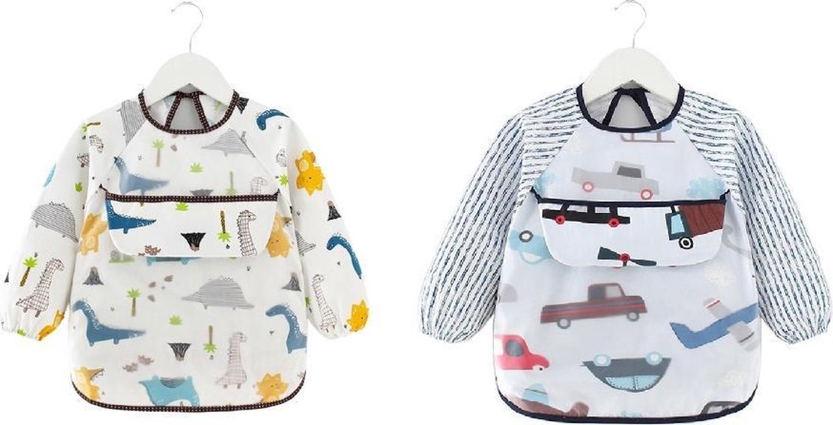 MINIIYOU Slabbetjes duo pack - Dinosaurus - Auto's - Met Lange Mouwen En Opvangbakje