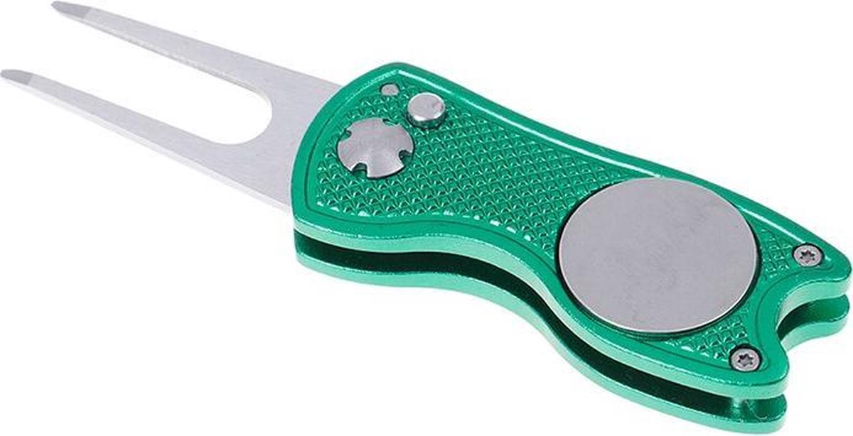 Firsttee - Pitchfork golf - Opvouwbaar - INCLUSIEF MARKER - Groen - Repareer Greens - Golf accessoires - Golfballen - Pitchfork marker - Pitchfork metaal - Compact - Pocket  - Marker golfbal - Golfbalmarkers - Golf sport - Golf training - Cadeau