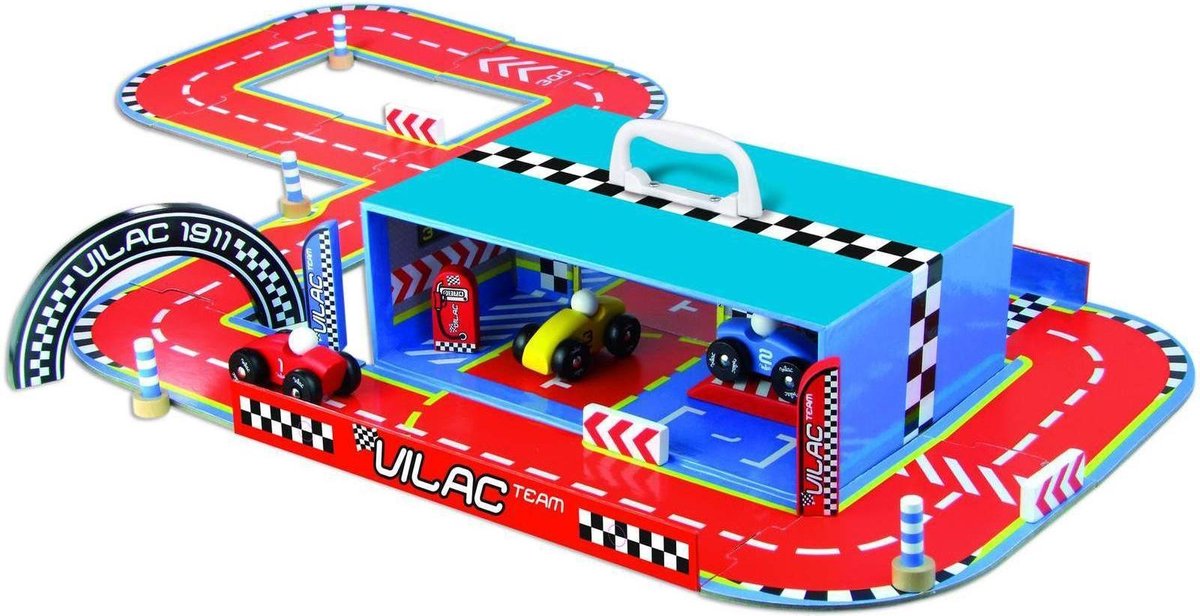 VILAC racebaan met houten auto's en accessoires.