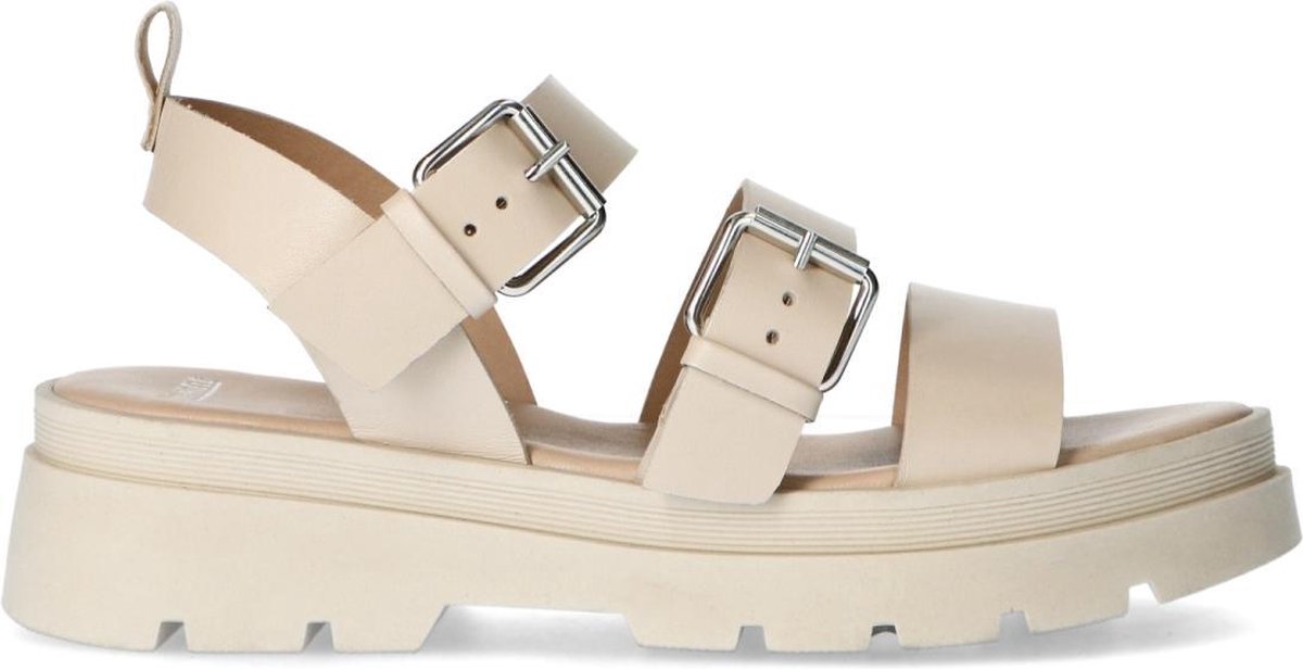 Manfield - Dames - Beige leren sandalen met zilverkleurige gespen - Maat 40