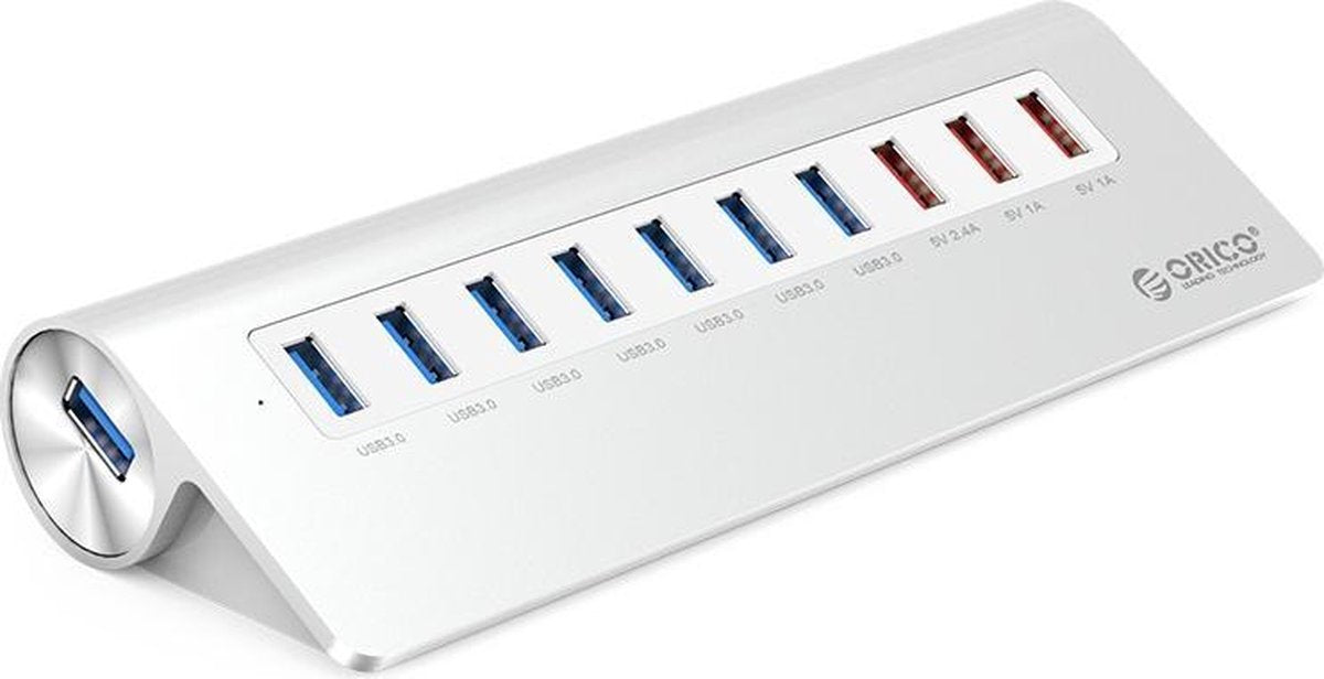 Orico - Aluminium design USB hub met 7x USB 3.0 5Gbps poorten met 3x Smart Charge 1-2.4A Oplaadfunctie voor Smartphone en Tablet incl. Stroom Adapter - Zilver metallic aluminium