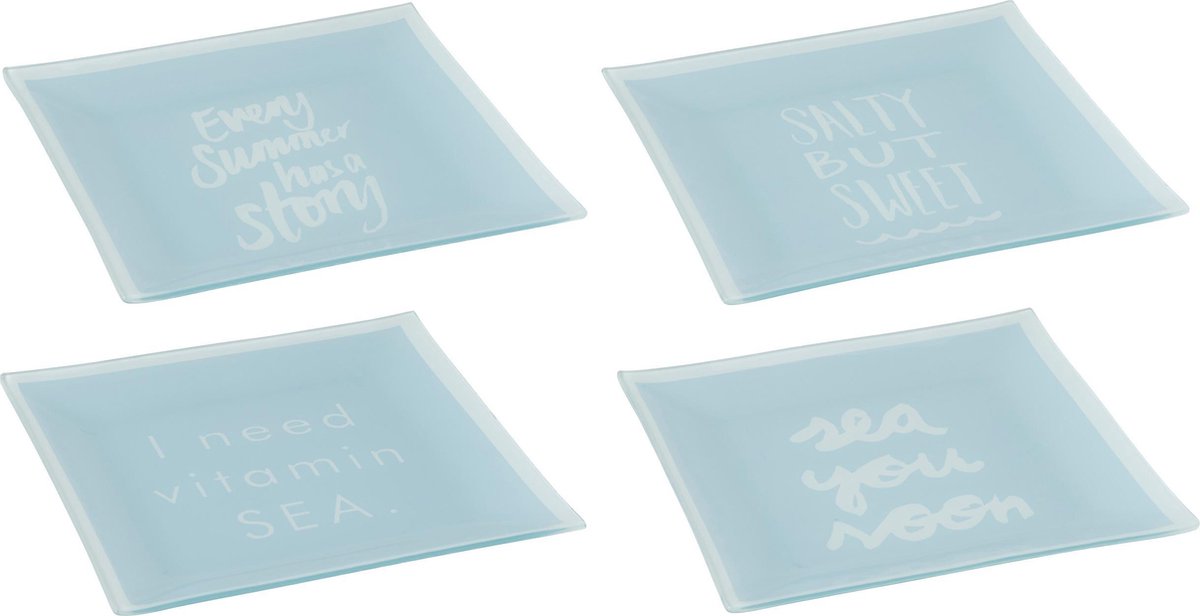 J-Line Bord Vitamin Sea/Salty But Sweet/Every Summer Has A Story/Sea You Soon Vierkant Glas Lichtblauw/Wit Small Assortiment Van 4