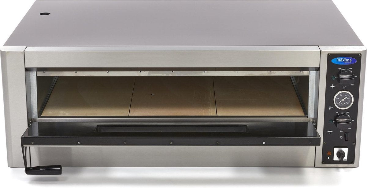 Pizza Oven 6 x 30 cm - 400V - RVS Front - Variabele Thermostaat tot 500 Graden - Instelbare Boven + Onderwarmte - Stenen Plaat - Maxima