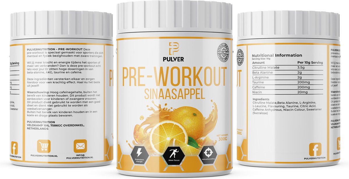Pulvernutrition Original Pre-workout - 30 doseringen - Sinaasappel - Pump - Energie - Nieuwe smaak - C4 - V2