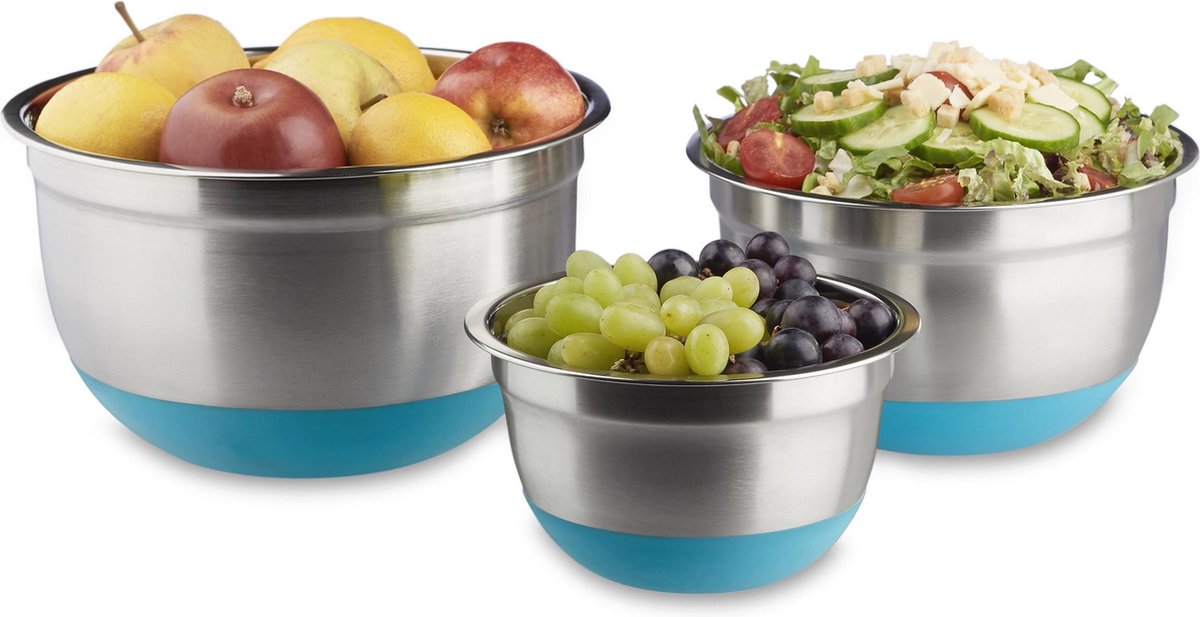 relaxdays Schalenset 3-delig - antislip - saladekom - mengkom - rvs - keukengerei blauw