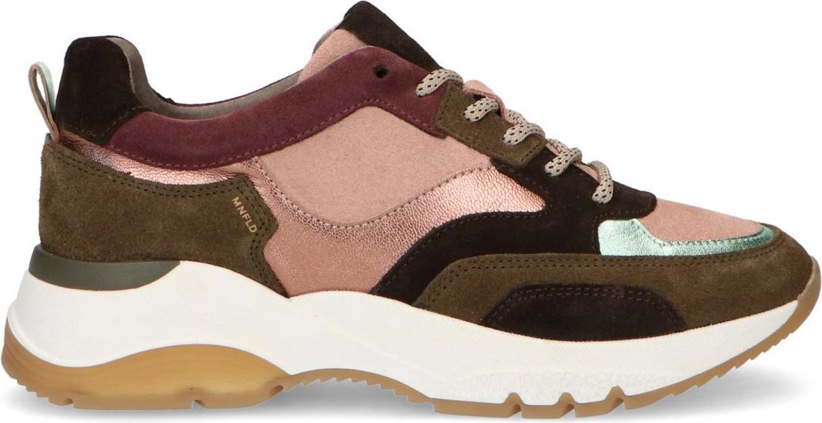 Manfield - Dames - Groene suède sneakers met roze details - Maat 38