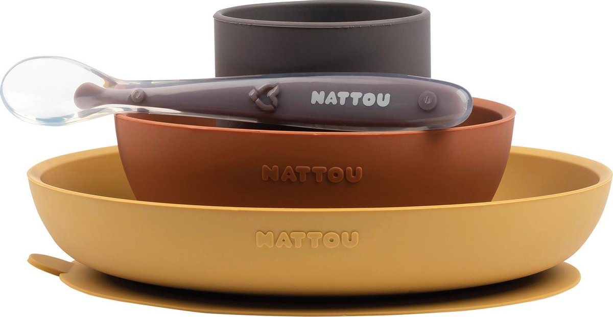 Nattou Siliconen 4-delig Servies voor Kinderen - Geel / Terracotta
