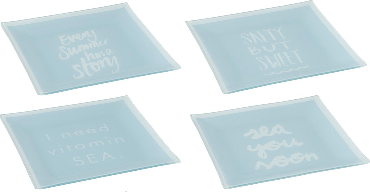 J-Line Bord Vitamin Sea/Salty But Sweet/Every Summer Has A Story/Sea You Soon Vierkant Glas Lichtblauw/Wit Large Assortiment Van 4
