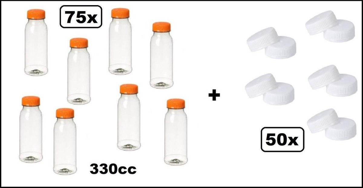 75x Flesje PET helder 330cc met oranje dop + 50 witte doppen - drink fles vruchten sap limonade drank