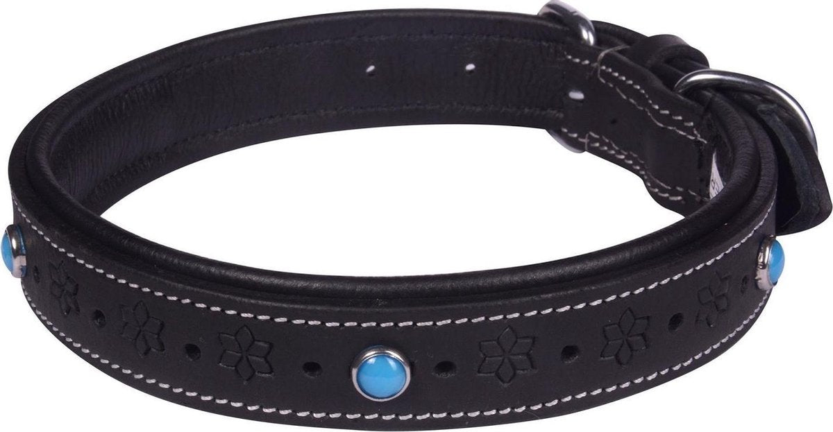 Dielay - Luxe Halsband voor Honden - Steentjes en Bloemen - Echt Leer / Leder - Maat XXS - 39x2 cm - Zwart