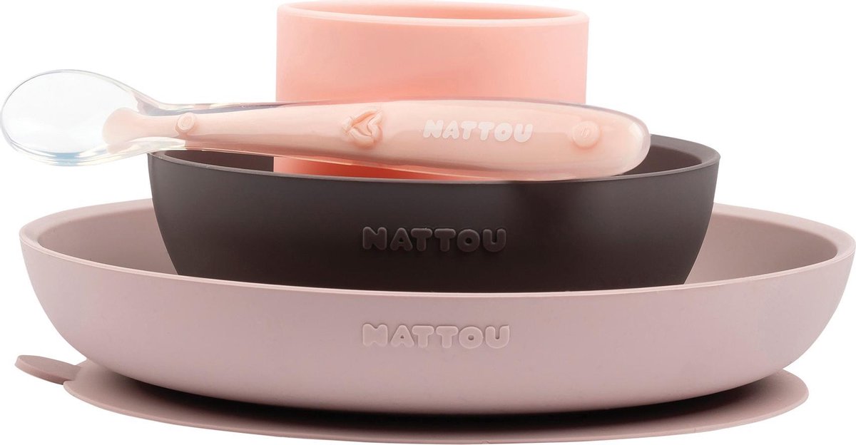 Nattou Siliconen 4-delig Servies voor Kinderen - Roze / Paars