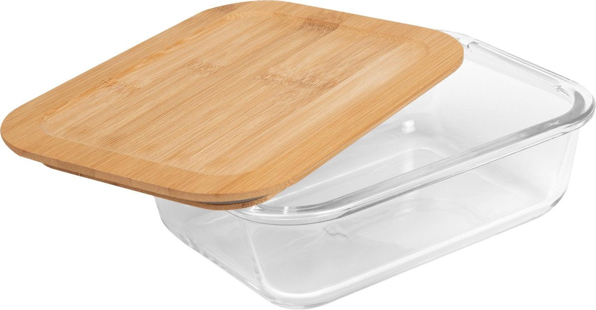 Ovenschaal / opbergdoos / vershouddoos  gemaakt van borosilicaatglas met bamboe deksel 640ml - vaatwasserbestendig - diepvries - magnetron