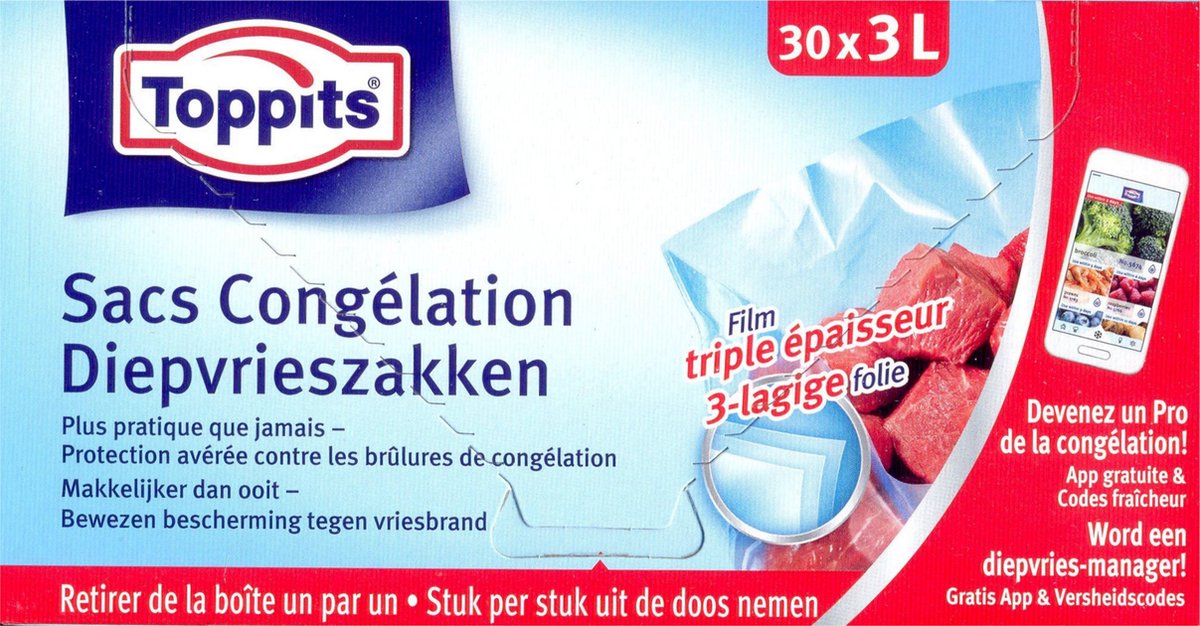 Toppits diepvrieszakken - 3 liter - 30 stuks per doos - 6 doosjes