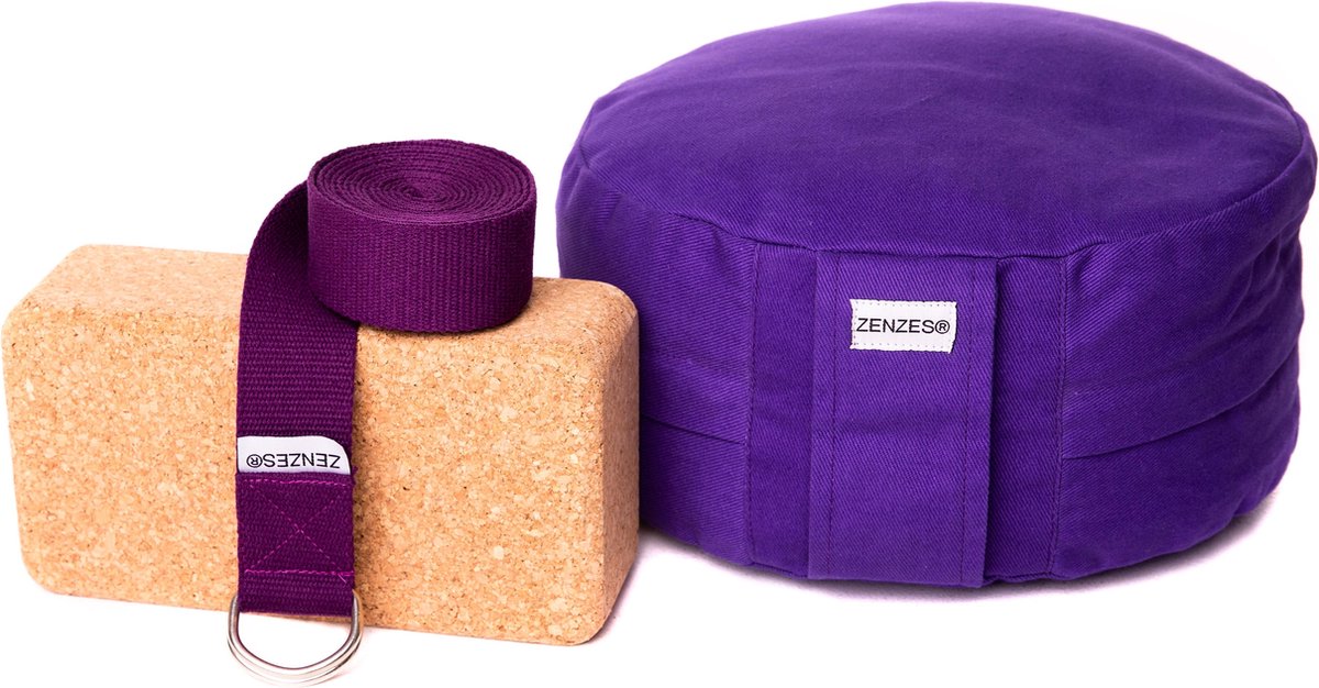 Zenzes PRO meditatiekussen met yogariem en yogablok - paars