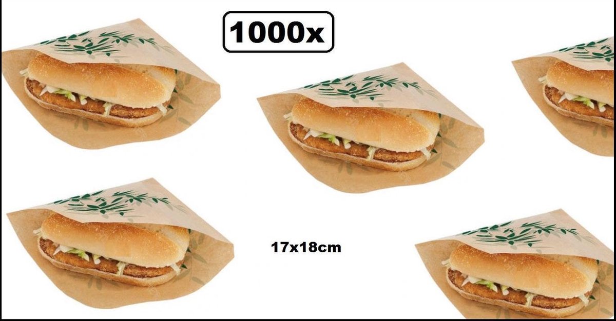 1000x Hamburger zakje papier kraft 17x18cm - hamburger zak hip broodje festival themaparty festival carnaval
