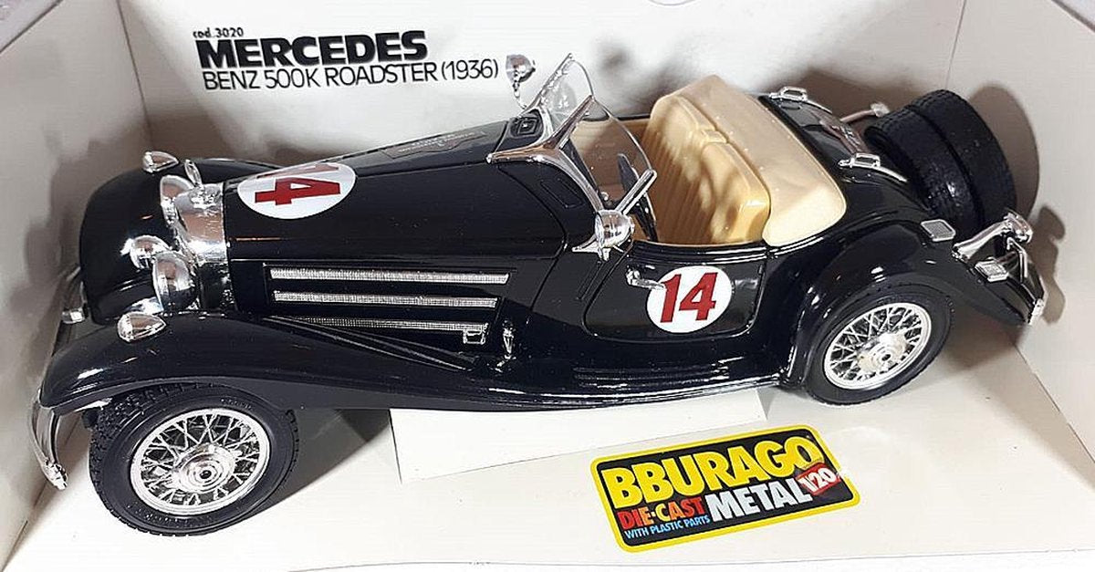 1936 Mercedes-Benz 500K Roadster (Zwart) 1/20 Bburago - Modelauto - Schaalmodel - Miniatuurauto
