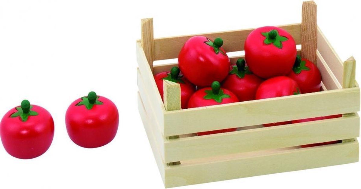 Houten tomaten in kist