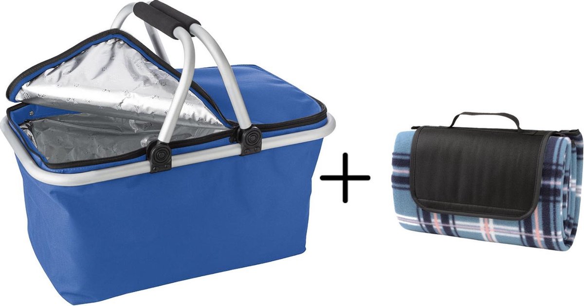 Boodschappenmand blauw - met koelvak - met picknickkleed geruit