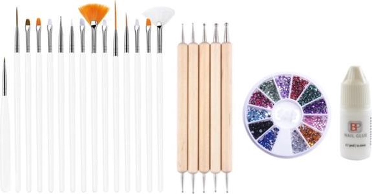 GUAPÀ - Nagel Penselen Set Wit + Rhinestones Diverse Kleuren + Druppel & Dotting Pennen + Nagellijm - Nail Art