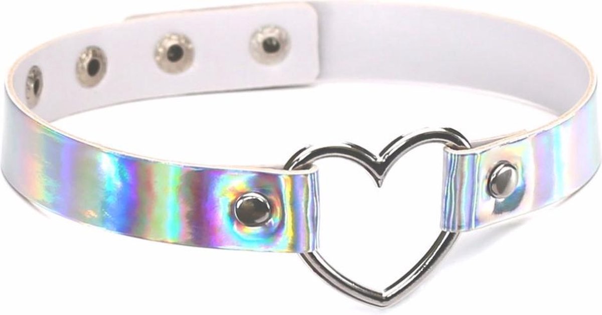 KIMU choker iridescent zilver hartje - holografisch collar ketting