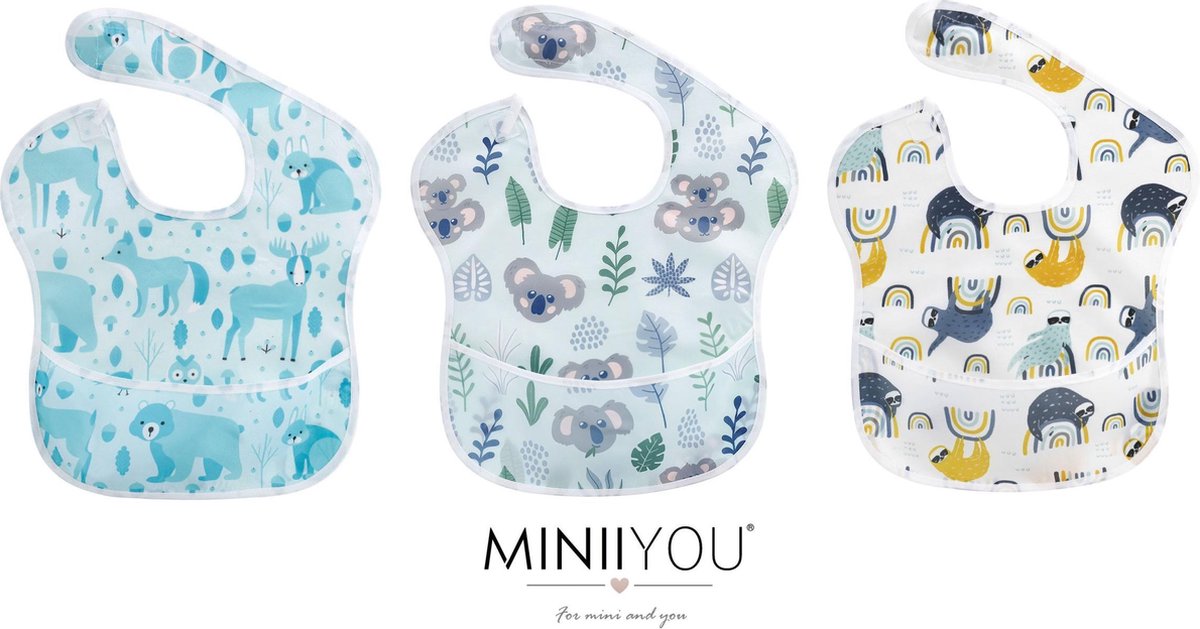 3 stuks | Slab Baby en peuter koala bosdieren| Kunststof Slabber met opvang zakje | Waterproof slabbetjes | Baby en Peuter Slabbetje wasbaar