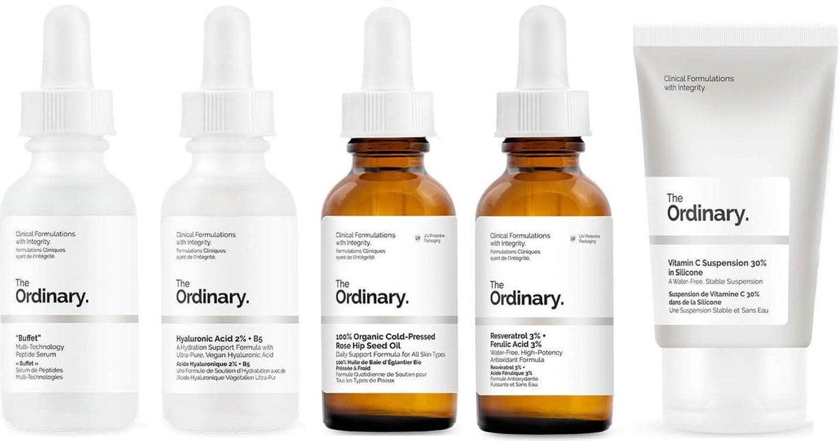 The Ordinary | 5 dagelijkse verzorgingsproducten | Voor een jonger ziende huid | Voor een egale zachte huid | Buffet serum | Hyaluronic Acid 2% + B5 | 100% Organic Rose olie | Resveratrol 3% + Ferulic Acid 3% | Vitamin C Suspension 30% in Silicone
