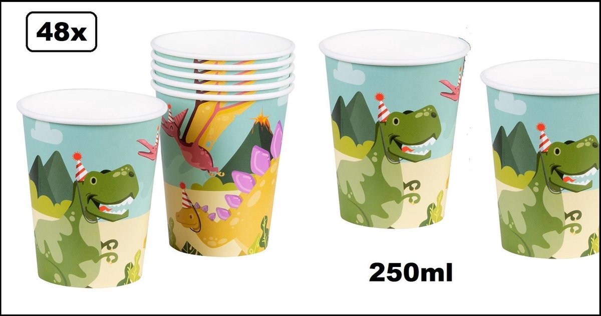 48x Beker Dinosaurus party karton 250ml - Dino verjaardag thema feest traktatie festival drinken limonade sap