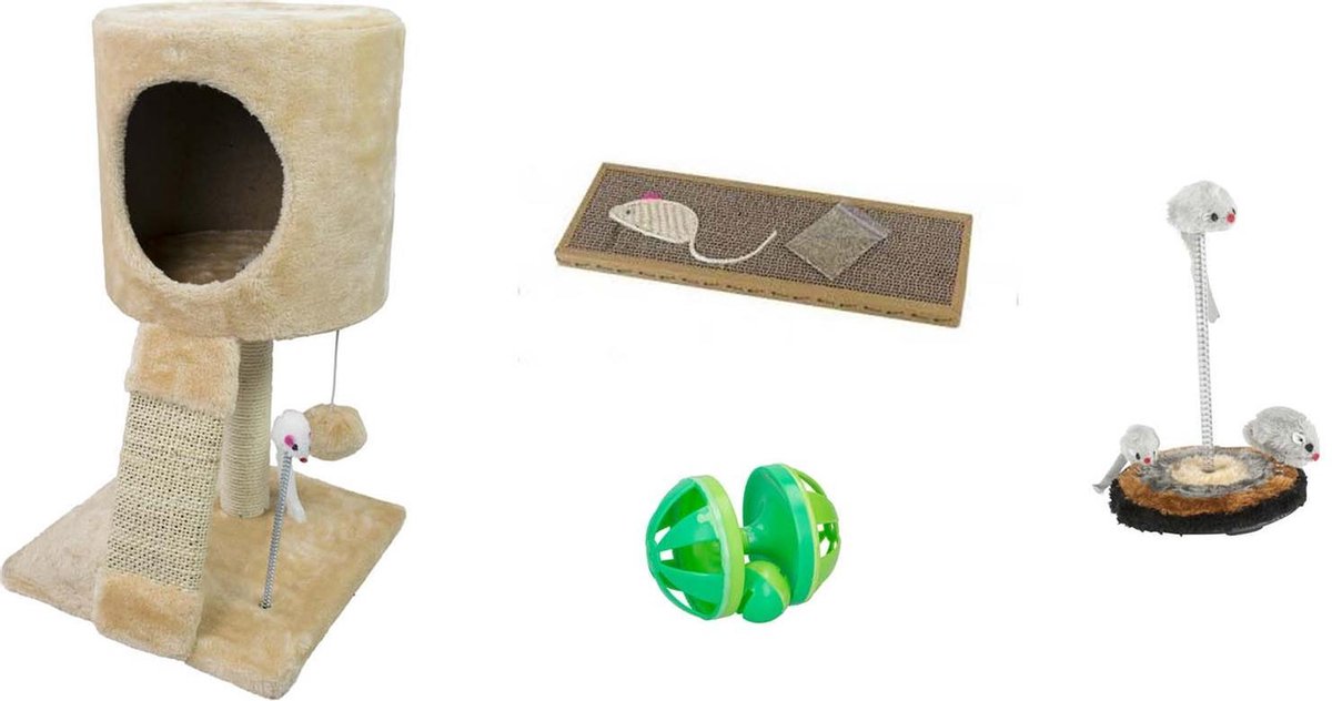 Kattenspeelset - Kattenspeeltjes – Set 4 stuks – Krabpaal – Krabmat – Bal – Veer