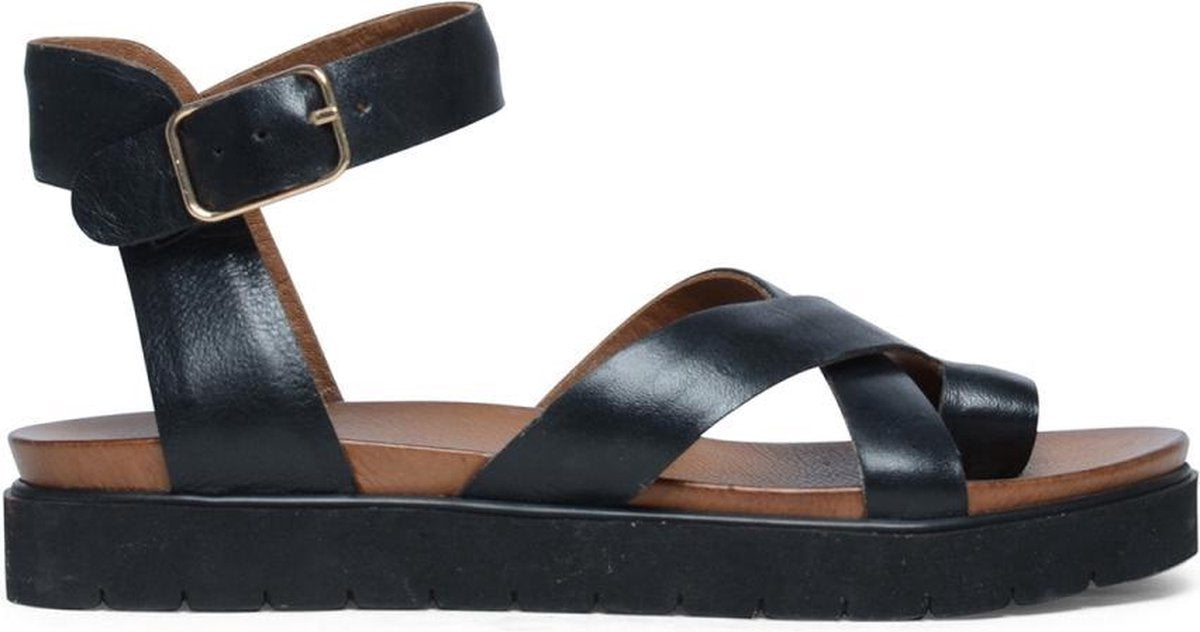 Manfield - Dames - Leren plateau sandalen met gespsluiting zwart - Maat 39