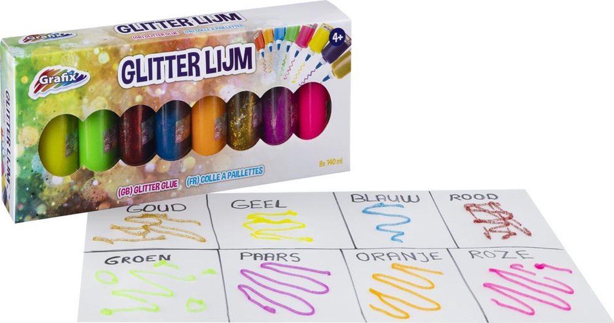 Grafix Glitterlijm - 8 x 140 ML | 8 verschillende kleuren - hobbylijm - knutselen