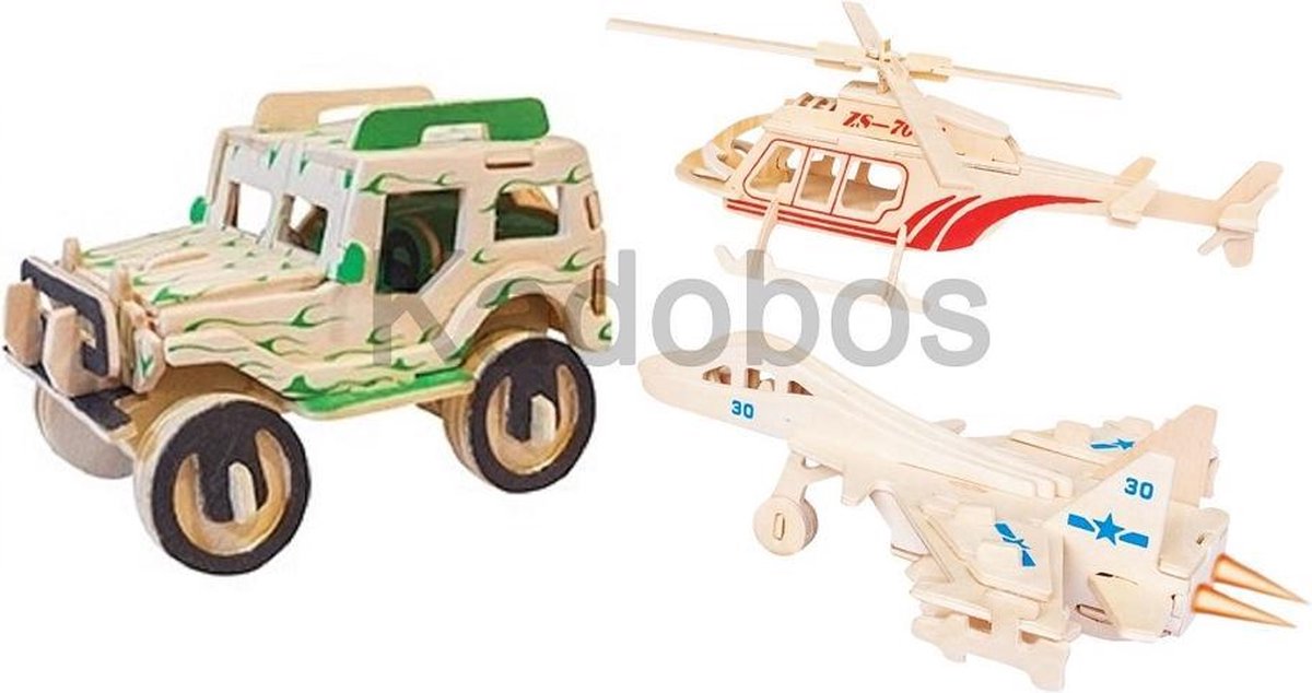Bouwpakket voertuigen 3x landrover - helicopter - straaljager constructie