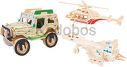 Bouwpakket voertuigen 3x landrover - helicopter - straaljager constructie