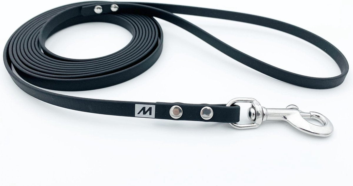 Miqdi BioThane hondenriem – zwart – 9 mm breed - 5 meter lang - zonder handvat