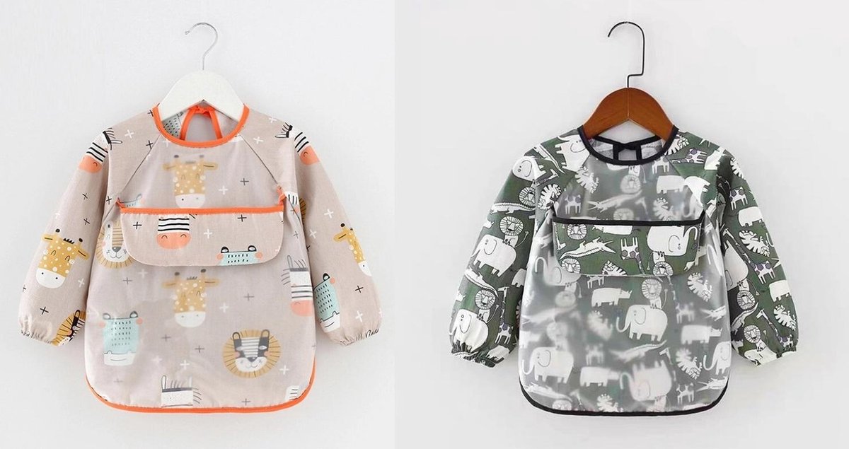 Duo pack - Slabbetje met lange mouwen Safari dieren & Leeuw met opvangbak baby peuter - kliederschort- verfschor
