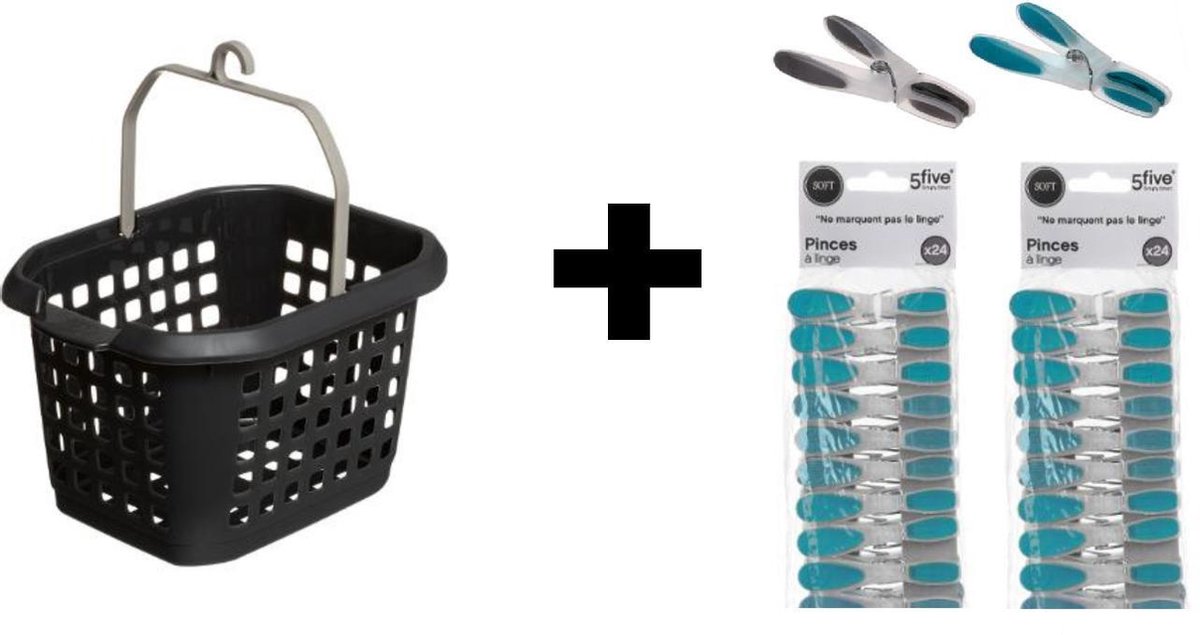 Five® - Wasknijpermandje + Wasknijpers 50 Stuks - Wasknijperbakje -  Wasknijperzakje -  Wasknijper mandje - Wasknijpers plastic voor Drooglijn