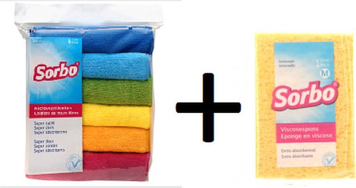 Sorbo Microvezeldoek 6 stuks Assorti + Sorbo Spons Viscose Medium