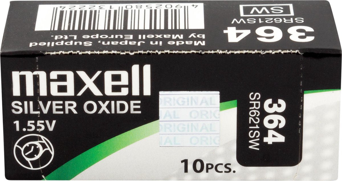 MAXELL 364 / SR621SW zilveroxide knoopcel horlogebatterij 10 stuks