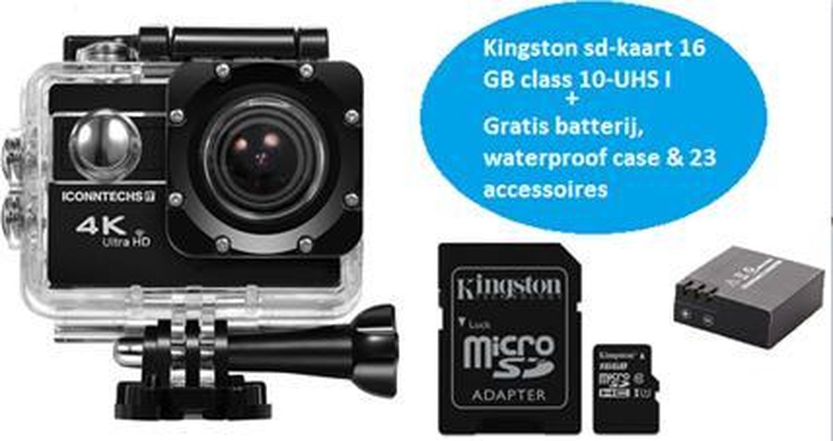 Lipa AT-45 action camera 4K - 20 MP en verstelbare lens - Beeldstabilisatie- Wifi remote + Remote in pakket - Met waterproof case- 32 accessoires- Phone remote en gratis SD-kaart 16 GB