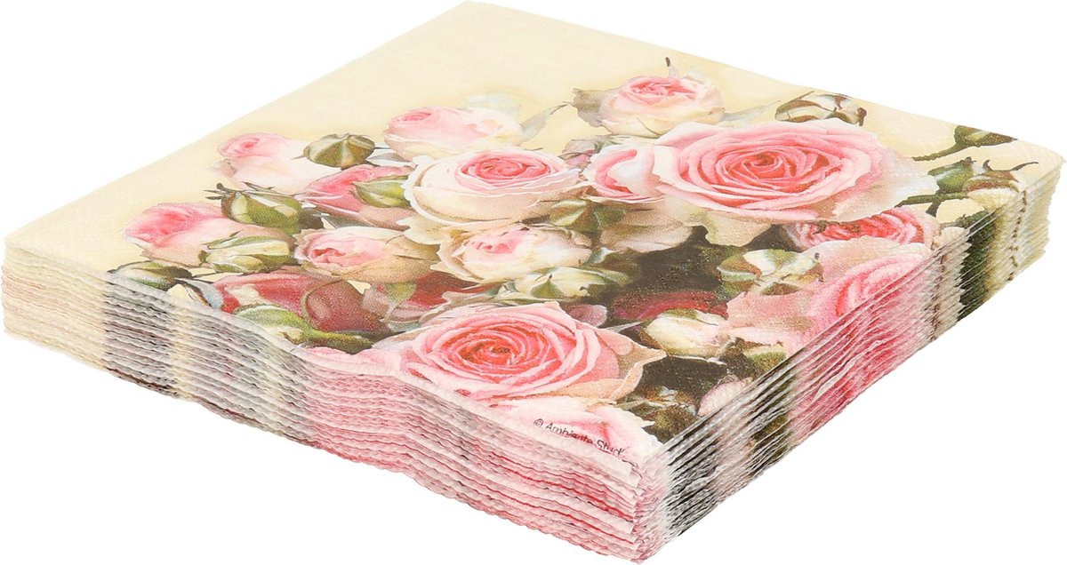 20x Geel met rozen/bloemen voorjaar servetten 33 x 33 cm - Papieren wegwerpservetten 3-laags